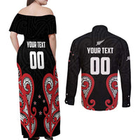 Custom Rugby New Zealand Couples Matching Off Shoulder Maxi Dress and Long Sleeve Button Shirt Baby Black Go Champions