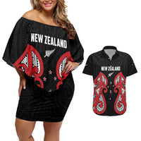Custom Rugby New Zealand Couples Matching Off Shoulder Short Dress and Hawaiian Shirt Baby Black Go Champions