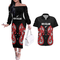 Custom Rugby New Zealand Couples Matching Off The Shoulder Long Sleeve Dress and Hawaiian Shirt Baby Black Go Champions