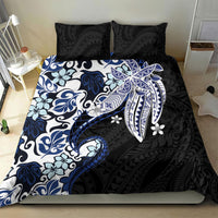 Monstera Plumeria Flowers Blue Bedding Set Polynesian Pattern