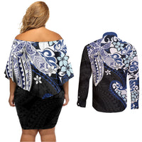 Monstera Plumeria Flowers Blue Couples Matching Off Shoulder Short Dress and Long Sleeve Button Shirt Polynesian Pattern
