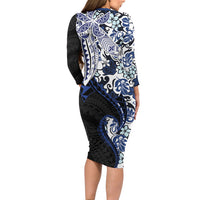 Monstera Plumeria Flowers Blue Family Matching Long Sleeve Bodycon Dress and Hawaiian Shirt Polynesian Pattern LT01 - Polynesian Pride