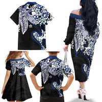 Monstera Plumeria Flowers Blue Family Matching Off The Shoulder Long Sleeve Dress and Hawaiian Shirt Polynesian Pattern LT01 - Polynesian Pride