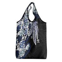 Monstera Plumeria Flowers Blue Grocery Bag Polynesian Pattern