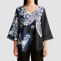 Monstera Plumeria Flowers Blue Kimono Sleeve Blouse Polynesian Pattern