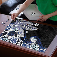 Monstera Plumeria Flowers Blue Puzzle Polynesian Pattern