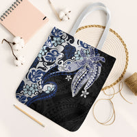 Monstera Plumeria Flowers Blue Tote Bag Polynesian Pattern