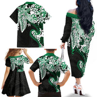 Monstera Plumeria Flowers Green Family Matching Off The Shoulder Long Sleeve Dress and Hawaiian Shirt Polynesian Pattern LT01 - Polynesian Pride