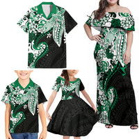 Monstera Plumeria Flowers Green Family Matching Off Shoulder Maxi Dress and Hawaiian Shirt Polynesian Pattern