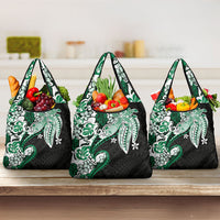 Monstera Plumeria Flowers Green Grocery Bag Polynesian Pattern