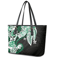 Monstera Plumeria Flowers Green Leather Tote Bag Polynesian Pattern