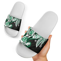 Monstera Plumeria Flowers Green Slide Sandals Polynesian Pattern