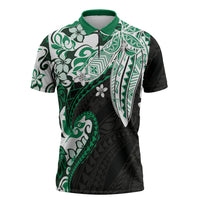 Monstera Plumeria Flowers Green Zipper Polo Shirt Polynesian Pattern