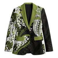 Monstera Plumeria Flowers Olive Green Blazer Polynesian Pattern
