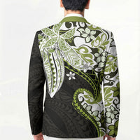 Monstera Plumeria Flowers Olive Green Blazer Polynesian Pattern
