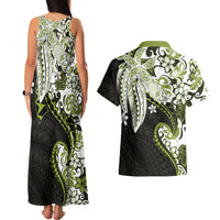 Monstera Plumeria Flowers Olive Green Couples Matching Tank Maxi Dress and Hawaiian Shirt Polynesian Pattern