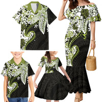 Monstera Plumeria Flowers Olive Green Family Matching Mermaid Dress and Hawaiian Shirt Polynesian Pattern LT01 - Polynesian Pride