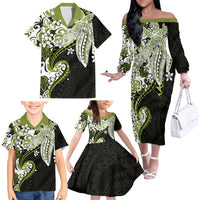Monstera Plumeria Flowers Olive Green Family Matching Off The Shoulder Long Sleeve Dress and Hawaiian Shirt Polynesian Pattern LT01 - Polynesian Pride