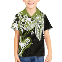 Monstera Plumeria Flowers Olive Green Family Matching Off The Shoulder Long Sleeve Dress and Hawaiian Shirt Polynesian Pattern LT01 Son's Shirt Green - Polynesian Pride