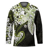 Monstera Plumeria Flowers Olive Green Hockey Jersey Polynesian Pattern