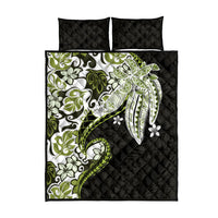 Monstera Plumeria Flowers Olive Green Quilt Bed Set Polynesian Pattern
