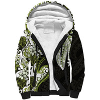 Monstera Plumeria Flowers Olive Green Sherpa Hoodie Polynesian Pattern