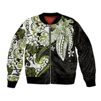 Monstera Plumeria Flowers Olive Green Sleeve Zip Bomber Jacket Polynesian Pattern
