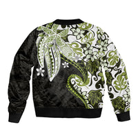 Monstera Plumeria Flowers Olive Green Sleeve Zip Bomber Jacket Polynesian Pattern