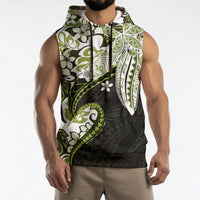 Monstera Plumeria Flowers Olive Green Sleeveless Hoodie Polynesian Pattern