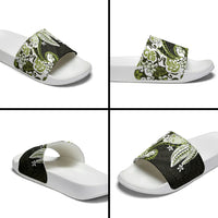 Monstera Plumeria Flowers Olive Green Slide Sandals Polynesian Pattern