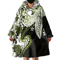 Monstera Plumeria Flowers Olive Green Wearable Blanket Hoodie Polynesian Pattern
