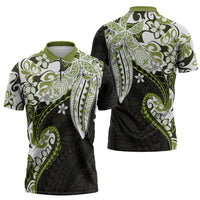 Monstera Plumeria Flowers Olive Green Zipper Polo Shirt Polynesian Pattern