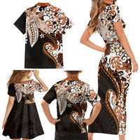 Monstera Plumeria Flowers Orange Family Matching Short Sleeve Bodycon Dress and Hawaiian Shirt Polynesian Pattern LT01 - Polynesian Pride