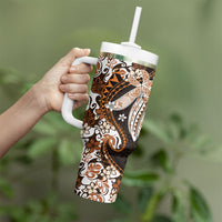 Monstera Plumeria Flowers Orange Tumbler With Handle Polynesian Pattern