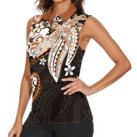 Monstera Plumeria Flowers Orange Women Sleeveless Polo Shirt Polynesian Pattern