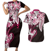 Monstera Plumeria Flowers Pink Couples Matching Short Sleeve Bodycon Dress and Hawaiian Shirt Polynesian Pattern