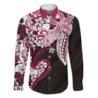 Monstera Plumeria Flowers Pink Family Matching Off The Shoulder Long Sleeve Dress and Hawaiian Shirt Polynesian Pattern LT01 Dad's Shirt - Long Sleeve Pink - Polynesian Pride