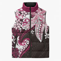 Monstera Plumeria Flowers Pink Sleeveless Puffer Jacket Polynesian Pattern