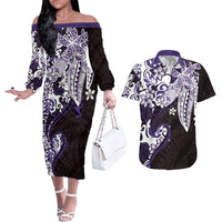 Monstera Plumeria Flowers Purple Couples Matching Off The Shoulder Long Sleeve Dress and Hawaiian Shirt Polynesian Pattern