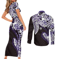 Monstera Plumeria Flowers Purple Couples Matching Short Sleeve Bodycon Dress and Long Sleeve Button Shirt Polynesian Pattern