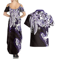 Monstera Plumeria Flowers Purple Couples Matching Summer Maxi Dress and Hawaiian Shirt Polynesian Pattern