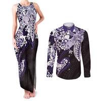 Monstera Plumeria Flowers Purple Couples Matching Tank Maxi Dress and Long Sleeve Button Shirt Polynesian Pattern