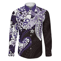 Monstera Plumeria Flowers Purple Family Matching Off Shoulder Maxi Dress and Hawaiian Shirt Polynesian Pattern LT01 Dad's Shirt - Long Sleeve Purple - Polynesian Pride