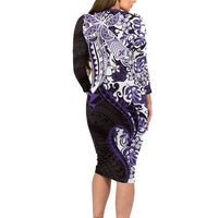 Monstera Plumeria Flowers Purple Long Sleeve Bodycon Dress Polynesian Pattern