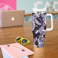 Monstera Plumeria Flowers Purple Tumbler With Handle Polynesian Pattern
