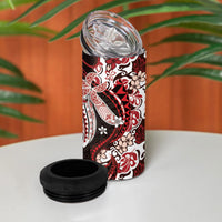 Monstera Plumeria Flowers Red 4 in 1 Can Cooler Tumbler Polynesian Pattern