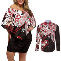 Monstera Plumeria Flowers Red Couples Matching Off Shoulder Short Dress and Long Sleeve Button Shirt Polynesian Pattern