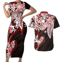 Monstera Plumeria Flowers Red Couples Matching Short Sleeve Bodycon Dress and Hawaiian Shirt Polynesian Pattern