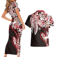 Monstera Plumeria Flowers Red Couples Matching Short Sleeve Bodycon Dress and Hawaiian Shirt Polynesian Pattern