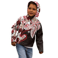 Monstera Plumeria Flowers Red Kid Hoodie Polynesian Pattern
